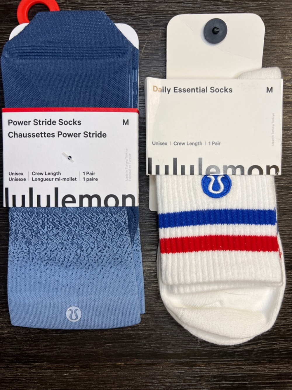 Lululemon women’s  2 pairs Crew Socks - Blue Gradient & White with Stripes
